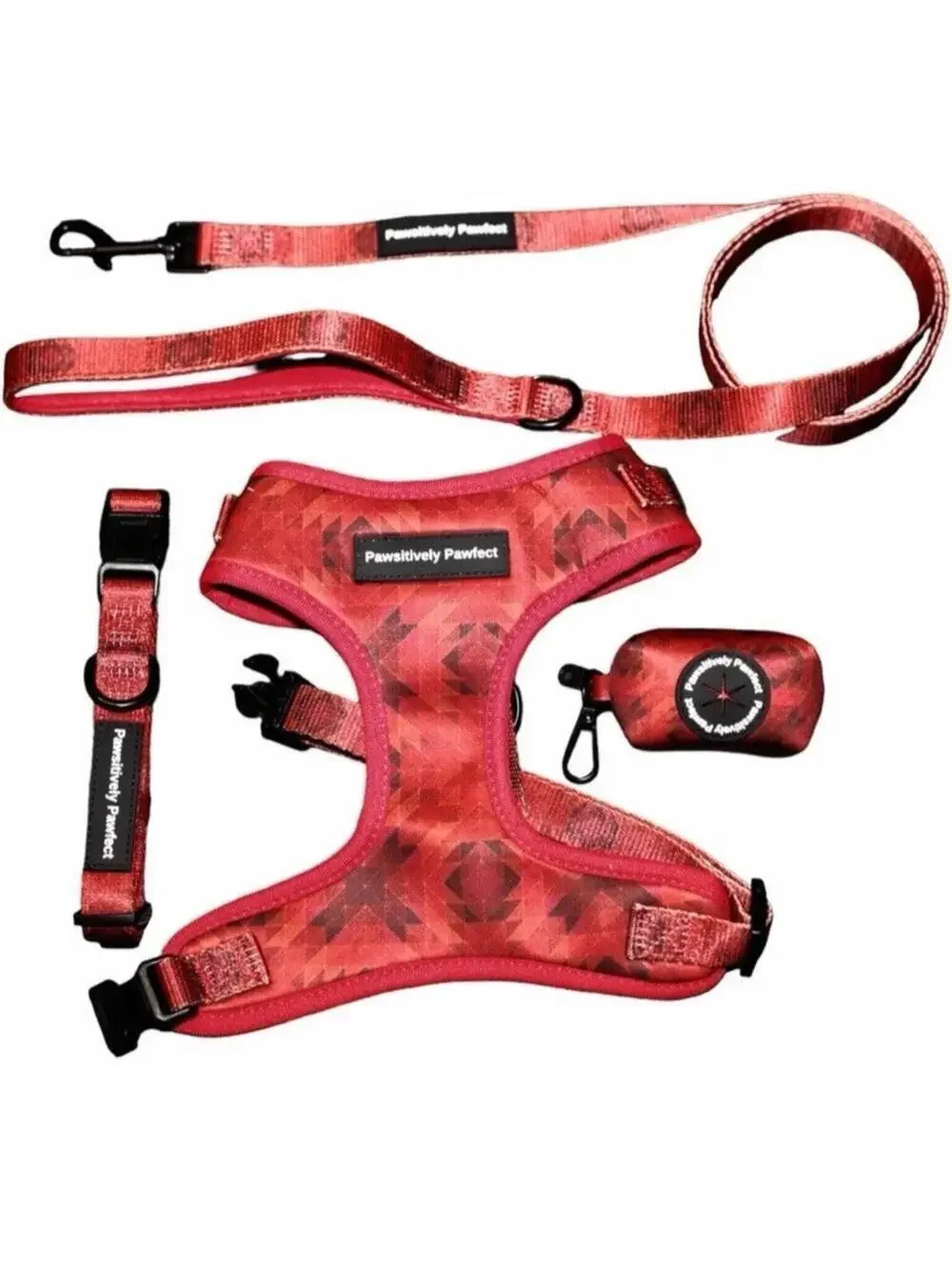 Dog Harness Leash Collar Set Red Black Medium w/ Poop Bags & Dispenser 4pc Lot